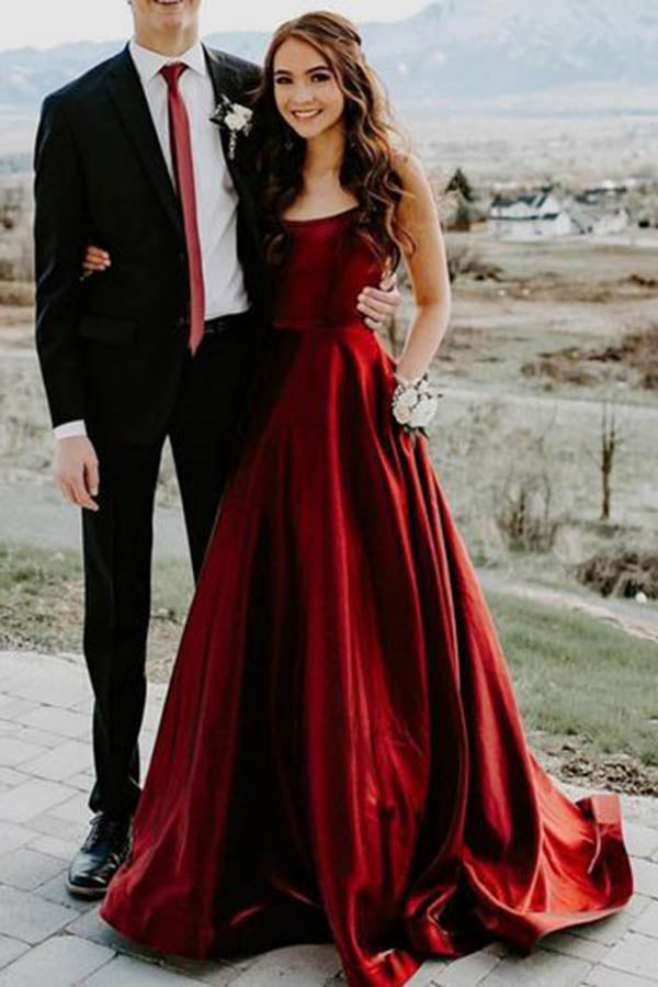 Simple Burgundy Satin A-line Long Prom ...